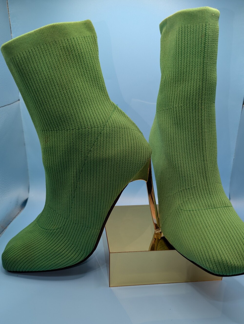 Green Knit Sock Ankle Boots - Women's Fashion Heels